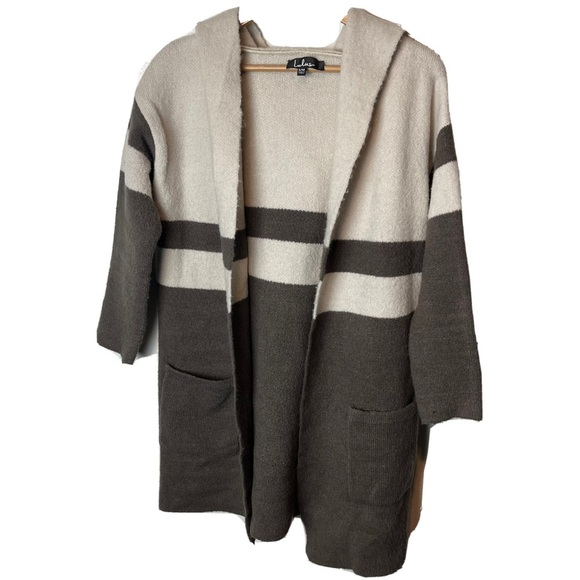 Lulus Cozy Caption Ivory Brown Long Oversized Open Cardigan Sweater Size S/M - Picture 1 of 5